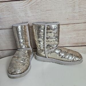 UGG Australia Classic Short Sparkles Boots Silver Sequins Size 6